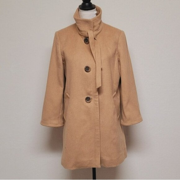 Retro Y2K J. Crew Carrie Caramel Wool Cashmere Flared Hem Standing Collar Coat - Picture 2 of 16